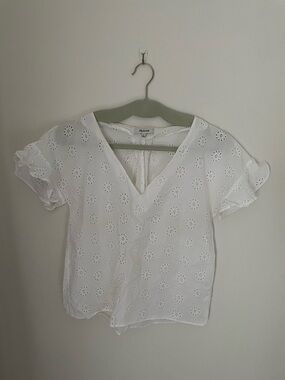 Madewell White Eyelet V-Neck Ruffle Sleeve Top